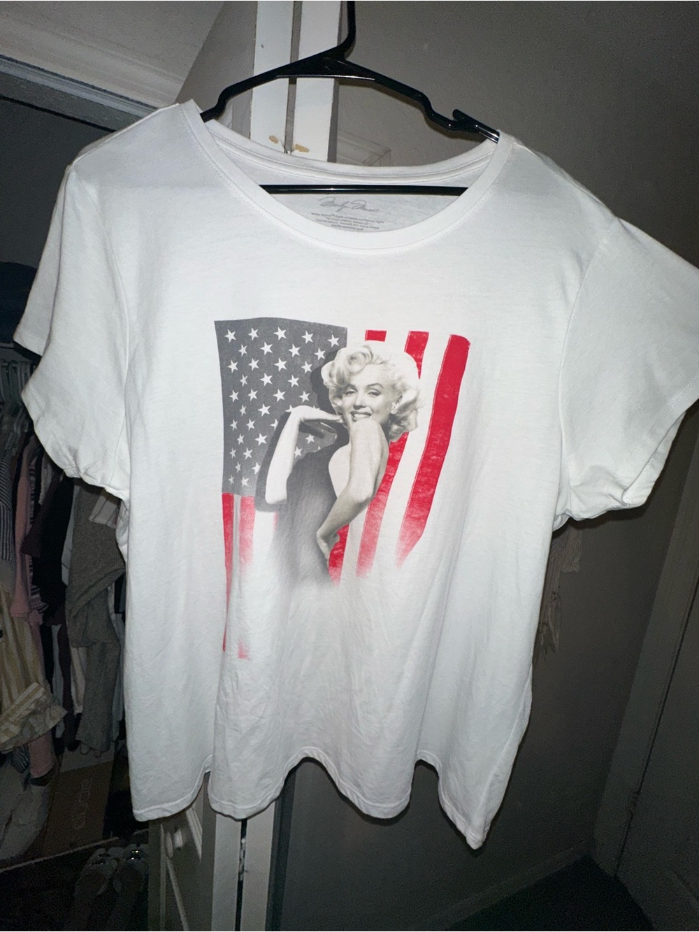 Marilyn Monroe White Tee with Red and Gray Flag and Portrait